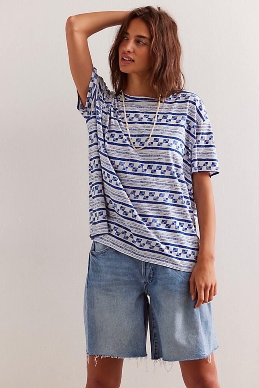 Free People We The Free Nina Blue & White Printed Short Sleeve Tee Shirt Small